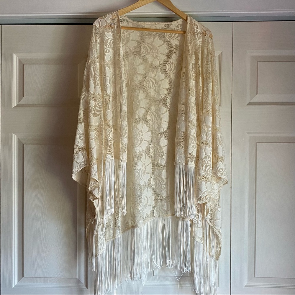 Vintage fringe lace kimono beach bikini coverup